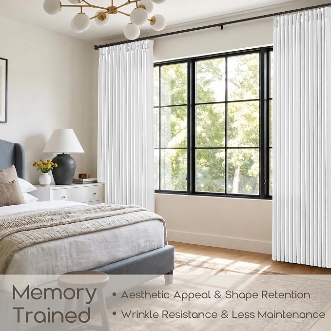 90 Inch Pinch Pleated Linen Curtains for Living Room Snow White Semi Sheer Boho Memory Trained Thick Linen Blend Curtains with Back Tab Modern Decorative Pinch Pleat Bedroom Office Drapes 2 Panels