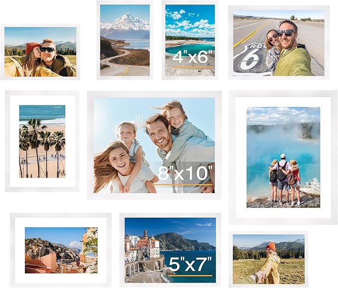 FIXSMITH 10 Pack Picture Frames Collage Wall Decor for Mounting or Tabletop Display, Gallery Wall Frame Set with Two 8x10 White Frames, Four 5x7 Frames and Four 4x6 Frames, Multi-Pack Photo Frame Set