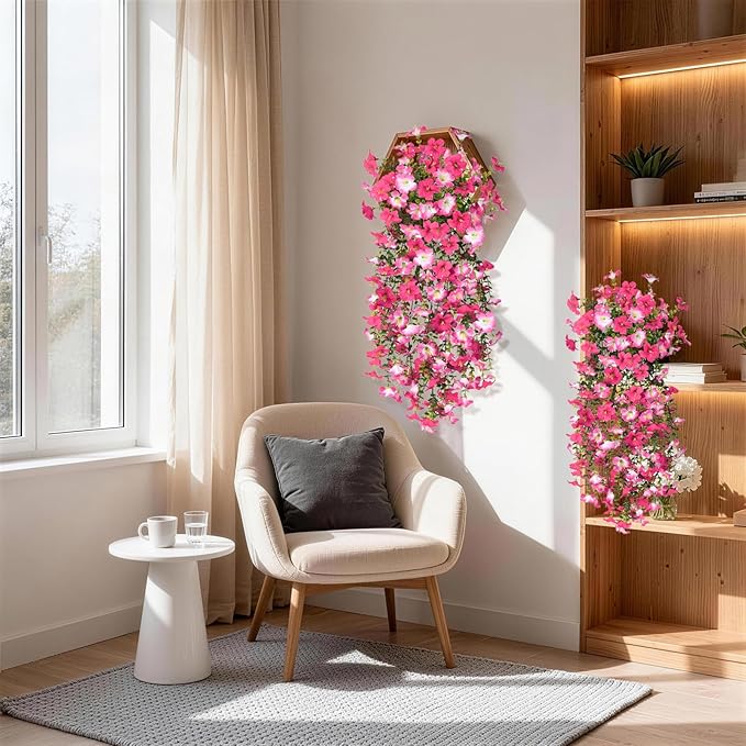 Artificial Fake Flowers Plants for Outdoor Spring Summer Decoration,2 PCS Faux Silk Morning Glory with Eucalyptus Leaves,UV Resistant Realistic Outdoor Flowers for Balcony Porch Patio Yard Garden