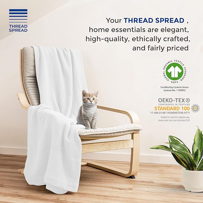 THREAD SPREAD 100% Pure Cotton, Luxury Twin/Twin XL Size White Blanket - Herringbone Pattern, Soft & Cozy Premium Fall Throw Blanket for All Seasons, 350 GSM & 68 x 92 with Free Tote Bag
