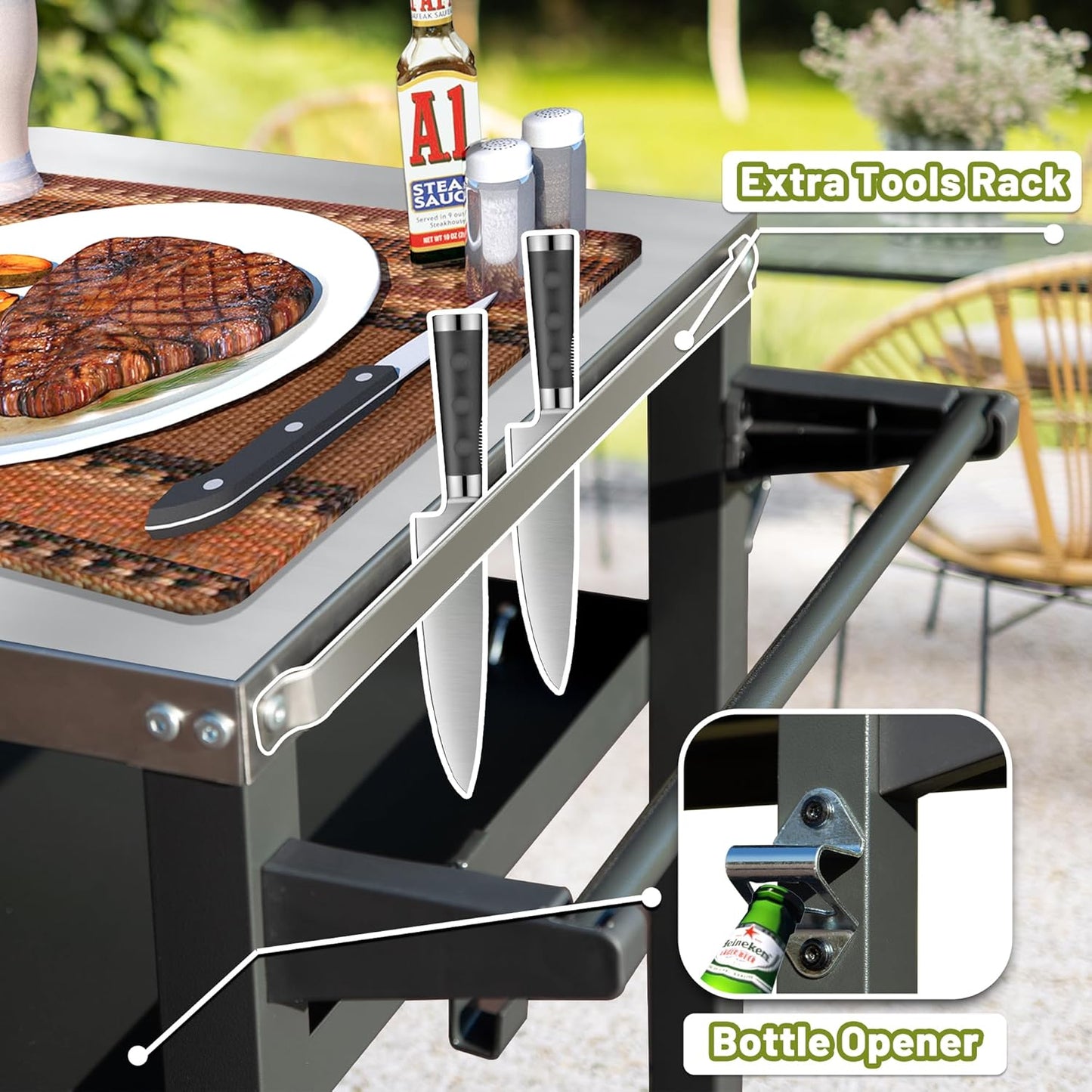 Domi 3-Shelf Outdoor Grill Table, Grill Cart Outdoor with Wheels, Pizza Oven and Food Prep Table, Blackstone with Stainless Steel Tabletop, BBQ Stand for Blackstone Griddle for Outside BBQ