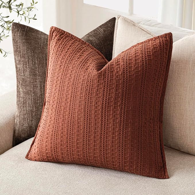 Foindtower Set of 2 Decorative Cotton Waffle Weave Throw Pillow Cover Euro Shams Cushion Covers Accent European Pillowcase For Bed Couch Sofa Bedroom Living Room Home Decor 20×20 Inch Fall Rust Orange