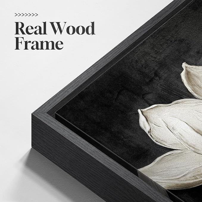 Large Framed Black and White Floral Wall Art for Living Room, Modern Magnolia Botanical Canvas Prints Paintings, Elegant Flower with Gold Leaves Pictures for Dining Room Office Wall Decor, 60x30 Inch