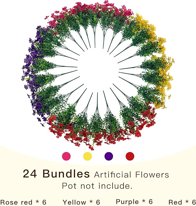 Senjie 24 Bundles Artificial Flowers Bulk for Outdoor Decor, UV Resistant Fake Plastic Flowers, Faux Flowers for Porch Patio Window Boxwood Garden