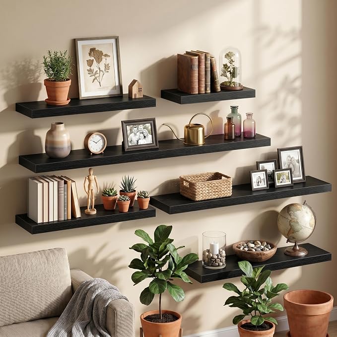 Fun Memories 72Inch Long Floating Shelves, 8 Inch Deep Shelves for Bedroom|Living Room, Wall Mounted Wood Hanging Shelf with Invisible Brackets for Fireplace Mantel Home Storage Decor, Black - 1 Pack