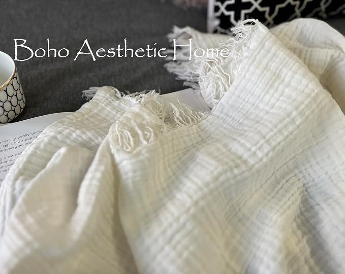 KyraHome 100% Cotton Muslin Blankets for Adults, Couch, 50"x60", Pre-Washed Plant Dyed, Breathable Lightweight Gauze Summer Throw Blanket, All Season (White)