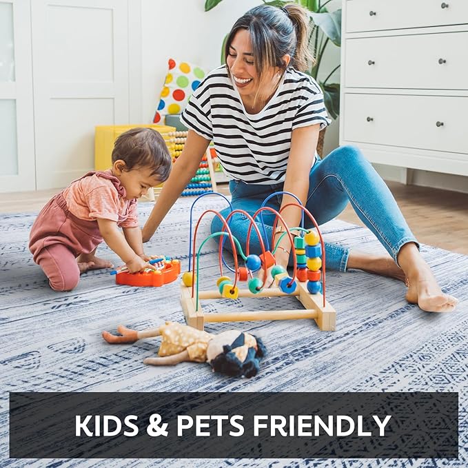 4x6 Area Rugs for Living Room Machine Washable Rug Distressed Indoor Carpet Neutral Moroccan Boho Rug Ultra Soft Area Rug for Bedroom Dining Room Playroom Office, Blue