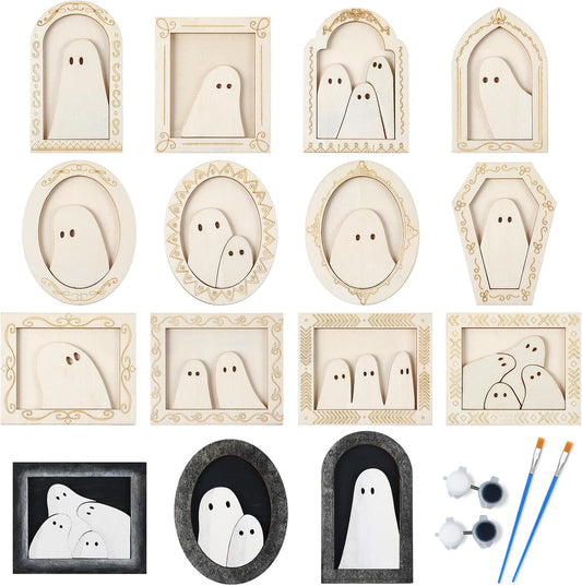 Simgoing 12 Set Wood Ghost DIY Frames Decorating Craft with Paint and Brush Unfinished Wooden Gift Ornaments Cute Ghost for Halloween Craft Art Party Supplies, Not Include Glue (Ordinary Style)