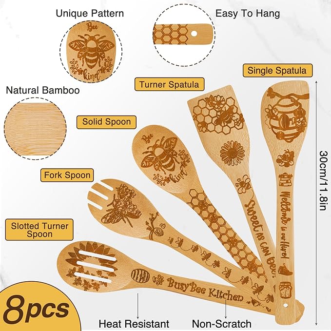 Bee Gifts for Women,8pcs Kitchen Utensils Set with Apron Oven Mitt Pot Holder - Unique Bee Bamboo Wooden Cooking Spoons Set,House Warming,Easter,Birthday,Mother's Day Gift