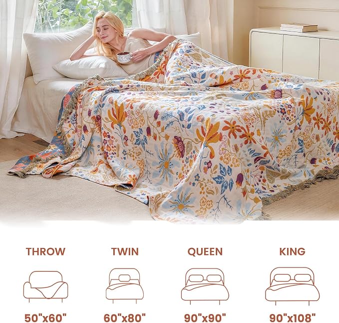MSGKV Boho Throw Blanket for Couch 100% Cotton 50"x60" Floral Blanket Sofa Chair Throws Summer Breathable Lightweight Farmhouse Blankets Home Decor All Seasons