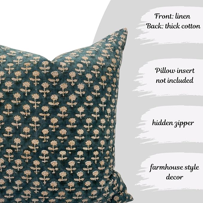 Linen Blue Throw Pillow Covers 20x20 inch Floral Pillows Spring Decorative Pillow Covers for Living Room, Bedroom