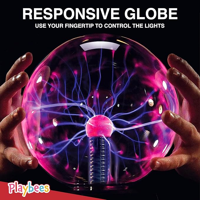Playbees Red Plasma Ball - 7 Inch - Tesla Coil Bulb Static Electricity in a Vacuum Pressurized Glass Globe, Nebula Thunder Lightning, Plug-in - for Parties, Decorations, Prop, STEM