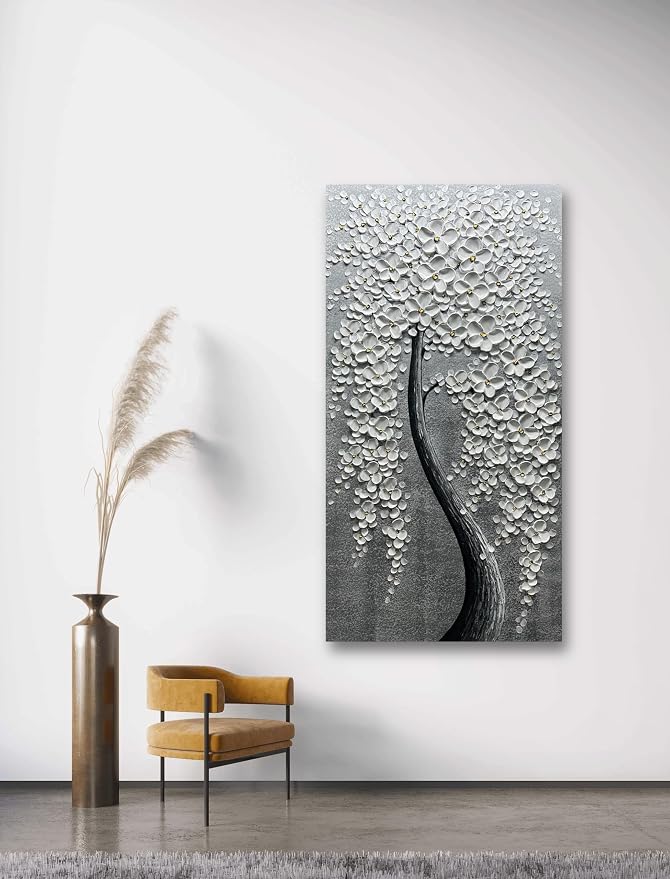 Yika Art Paintings - 24X48 Inch 3D White Flower Tree Wall Art Abstract Textured Knife Platte Acrylic Painting on Canvas 3D Flowers Tree Paintings Ready to hang