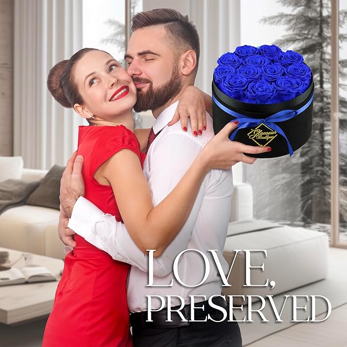 GLAMOUR BOUTIQUE Flowers Forever Gift Box, 12 Real Preserved Roses in Velvet Black Box, Floral Gift for Wife, Mom or Her for Birthday, Mother’s Day, Anniversary or Graduation, Blue (Color-Treated)