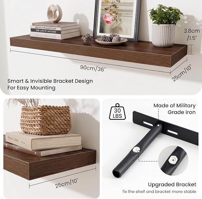 Fun Memories Floating Shelves for Wall 36 Inches, Wood Shelves with Invisible Bracket, 10" Deep Shelves Wall Mounted, Large Wood Floating Shelves for Living Room Bathroom, Walnut, Set of 3