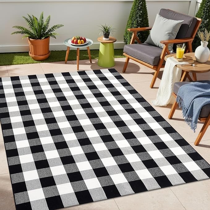OLANLY Buffalo Plaid Rug 4' x 6' – Black and White Cotton Checkered Doormat, Washable Indoor Outdoor Rug for Layered Front Porch, Kitchen, Entryway Decor