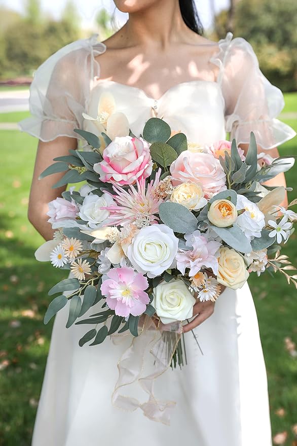 rongflower Artificial Flowers Combo Box Set Faux Fake Flower Leaf with Stems Arrangements for DIY Wedding Bouquets Party Table Centerpieces Home Decorations Yellow Pink