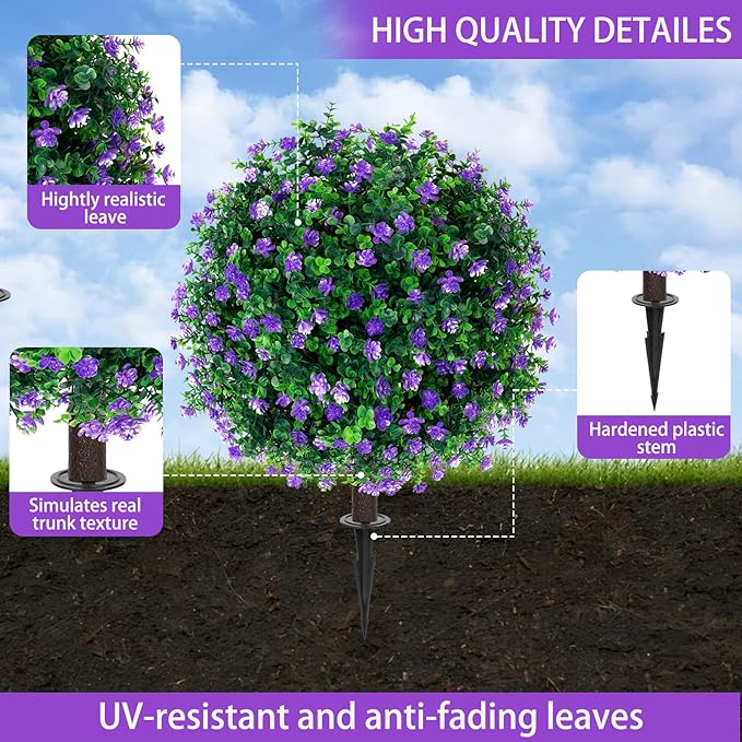 Yangrass Artificial Purple Flower Topiary Ball Trees with Ground Spike, Set of 2 UV Resistant Artificial Shrubs, Fake Evergreen Artificial Plant Bushes for Indoor Outdoor Front Porch Garden