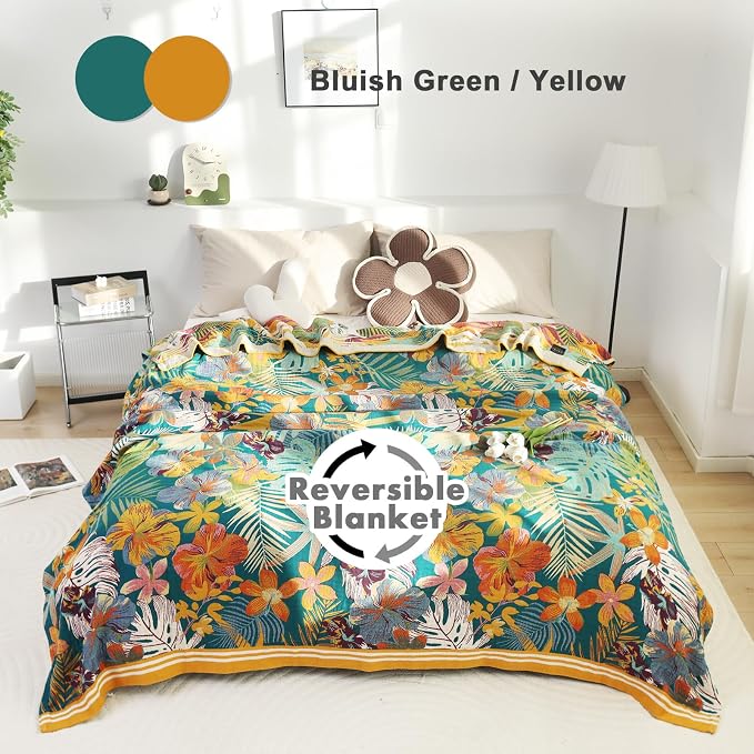 MSGKV Boho Throw Blanket for Couch and Sofa Cotton Blankets for Living Room Bedroom Reversable Florals Throw 60"x80" Summer Breathable Cozy Blankets