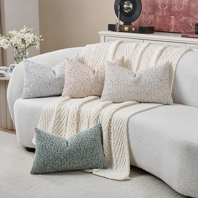 DEZENE Striped Throw Pillow Covers 12x20 Set of 2 Cream Grey Textured Boucle Chic Morden Boho Accent Farmhouse Rectangular Lumbar Decorative Couch Pillow Covers for Home Decor Bed Sofa Living Room