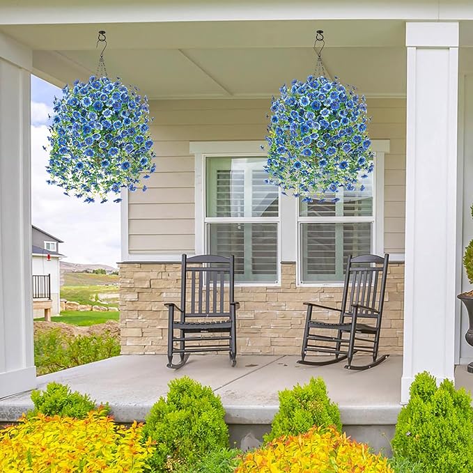 HyeFlora Artificial Hanging Flowers Basket for Outdoor, Fake Flowers Faux Plants Look Real for Yard Gardens Porch Patio Home (Blue)