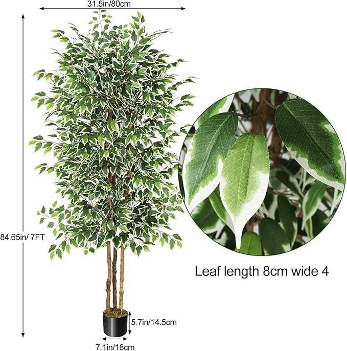 GTIDEA 7ft Large Ficus Artificial Tree with Natural Trunk, 84" Tall Faux Tree for Home Decor Indoor, Lifelike Silk Tree Fake Plants for Living Room Covered Porch Office Corner Decor (NO VASE INCLUDED)