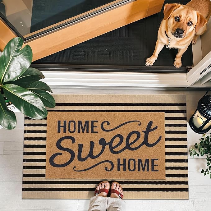 OLANLY Brown and Black Striped Rug 2' x 3' (24" x 36") – Washable Cotton Doormat for Indoor Outdoor Use, Layered Front Porch Rug for Entryway, Kitchen, Patio