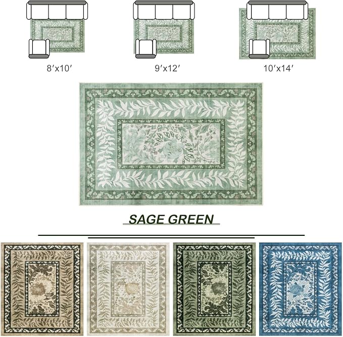 LIANLAM Washable Rug 10x14 Area Rugs for Living Room - Stain Resistant Non-Slip Backing Floral Design Rug for Bedroom,Durable & Ultra-Thin Vintage Large Area Rug(10x14,Green)