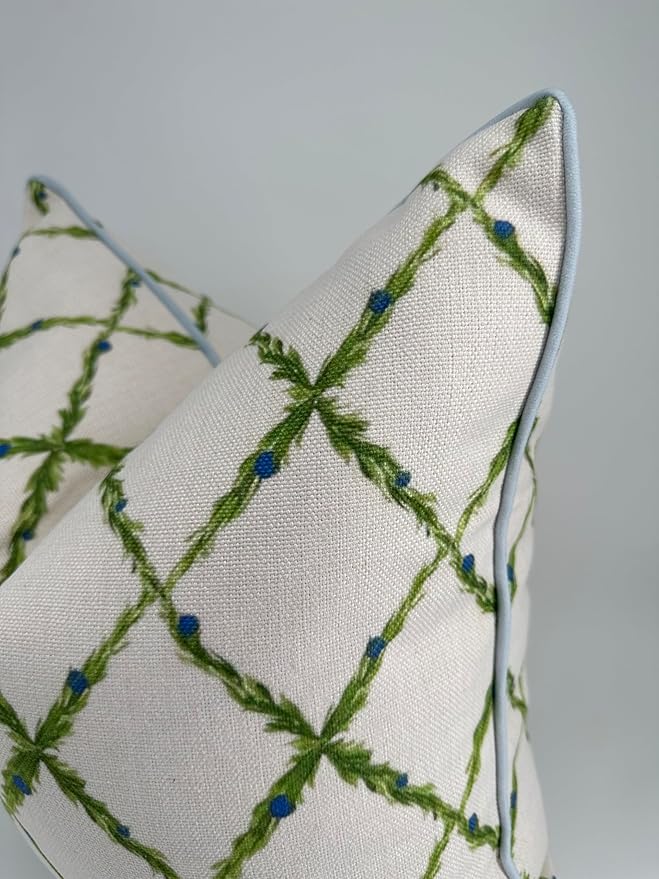 Jillien Harbor “The Lattice” Spring Decorative Festive Pillow Cover – Garden-Inspired White Accent Pillow Cover with Grey-Blue Pipping – Grandmillennial Home Decor, 20" x 20"