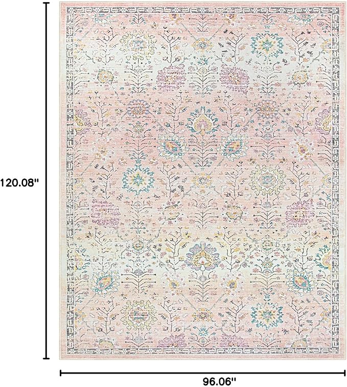 Lahome Pink Boho Area Rug, 8x10 Washable Rugs for Bedroom Girls Living Room, Soft Blush Floral Non Slip Pastel Thin Floor Carpet for Classroom Playroom Home Decor
