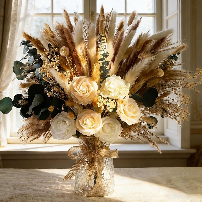101pcs Artificial Flowers in Vase Natural Dried Pampas Grass Decor with Vase Boho Home Decor Bouquet Bunny Tails Dried Flowers, Reed Grass Bouquet for Wedding Floral Arrangements (101pcs)