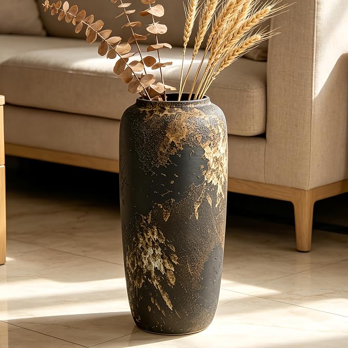 Black Rustic Ceramic Tall Floor Vase, 15.7 Inch Vintage Large Farmhouse Vase Pottery Clay Terracotta Rustic Vases for Home Decor Living Room Entryway Table Centerpieces,Kitchen,Housewarming Gifts