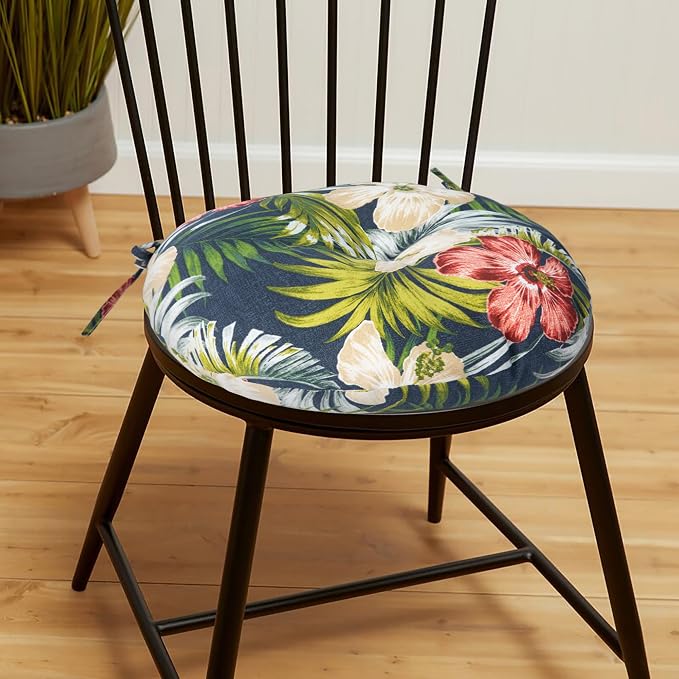 Magpie Fabrics Outdoor Round Bistro Seat Cushions with Ties, 15"x15"x4" Set of 2, Tufted Waterproof Barstool Chair Pads for Patio Home Garden Office, Midnight Floral