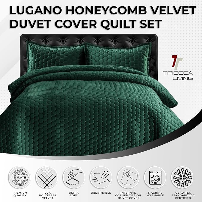 Tribeca Living Lugano Oversized Velvet Quilt Set - All Season, Extra Large, 2 Piece Twin Size Comforter Set with 1 Pillow Sham in Teal Honeycomb Pattern 260GSM