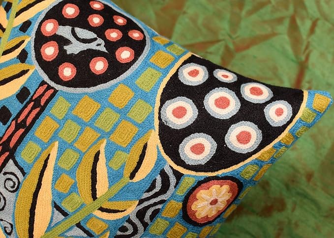 Turquoise Tree of Life Throw Pillow Cover Karla Gerard Plant Pillowcase Deer Design Cushion Green Teal Flower Animal Face Cushion Flower Pillowsham Hand Embroidered Wool 18x18 Inch