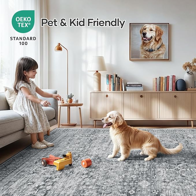 Lofus 10x14 Area Rug for Living Room,Grey Washable Large Rugs with Non-Slip Backing,Soft Boho Carpets for Bedroom Dining Room Home Office Indoor Nursery