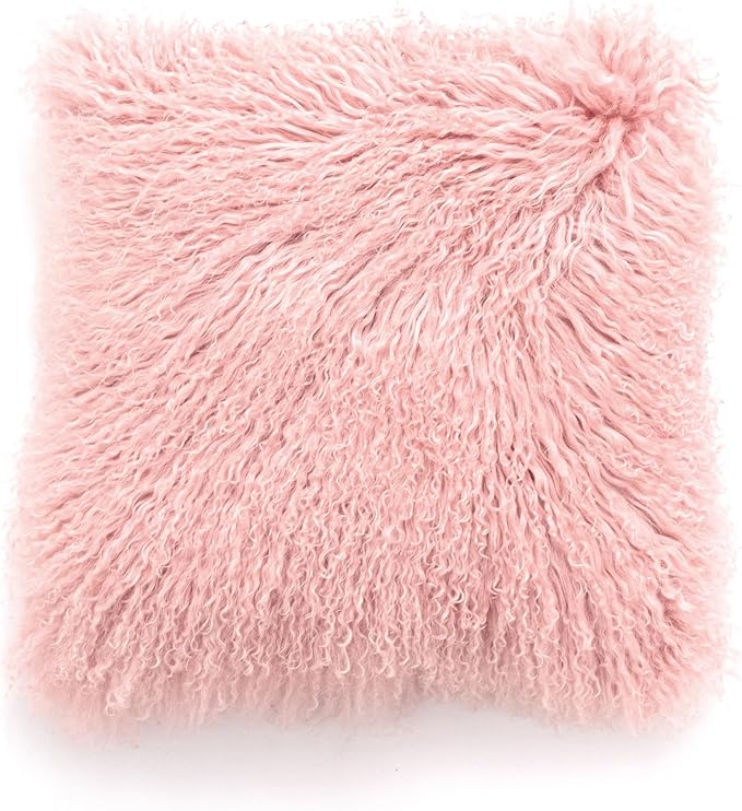 Real Tibetan Mongolian Lamb Fur Throw Pillow Cover Sheepskin Wool Fur Decorative Pillow Case Cushion Cover, Pink, 18''x18''
