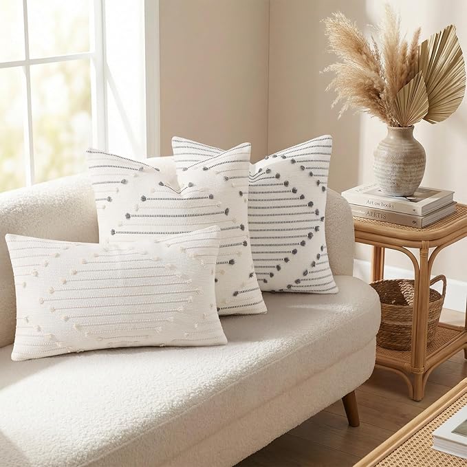 Mecatny Boho Summer Outdoor Throw Pillow Covers 18X18 Set of 2, Farmhouse Decorative Pillow Covers for Couch Sofa Living Room, Beige & Cream White