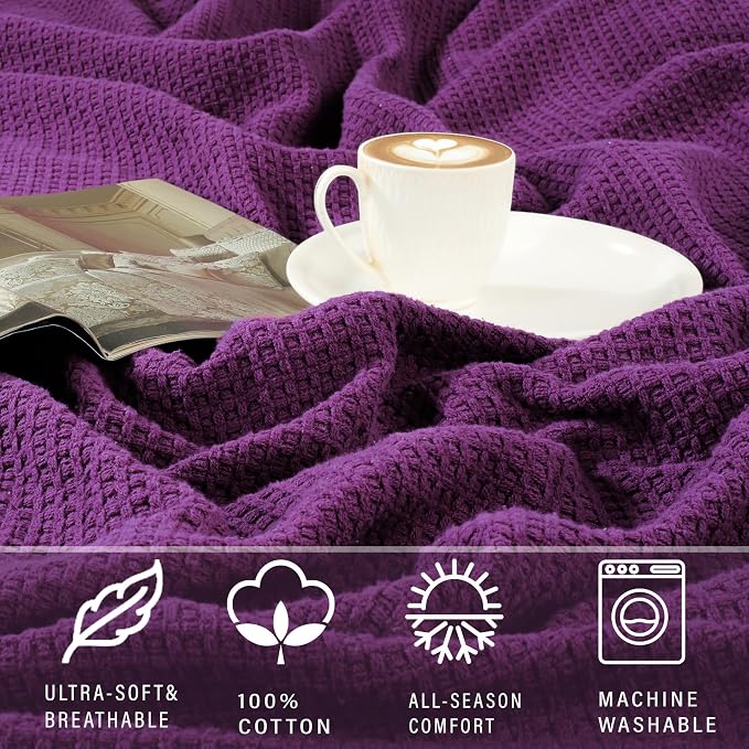 TreeWool Premium 100% Cotton Waffle Queen Blanket (90"x90", Plum) | Breathable Lightweight Moisture Wicking Soft Knit Thermal Blanket for Summer, Bed or Sofa All-season Comfort Machine Washable