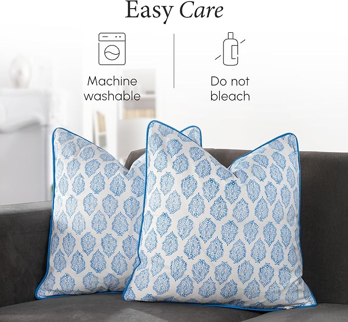 CPC 100% Cotton Throw Pillow Covers 24x24 Inch, Set of 2 Green Block Print Pattern Couch Pillow, Cute Boho Decorative Pillows for Living Room, Bedroom with Hidden Zipper- Royal Blue