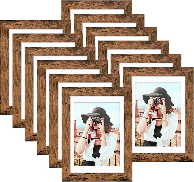 Picrit 5x7 Picture Frame Set of 12, Display 4x6 with Mat or 5x7 without Mat, Photo Frames for Wall Mounting or Table Top Display, Brown