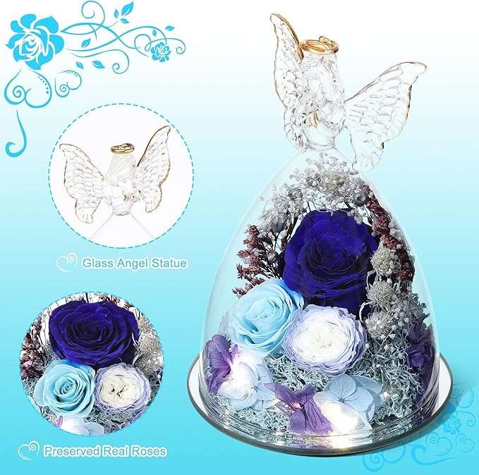 Mothers Day Rose Gifts for Women Preserved Real Flower in Glass Angel Figurines Roses for Delivery Prime Birthday Gifts for Mom Grandma Girlfriend Wife Her,Blue Austin Roses
