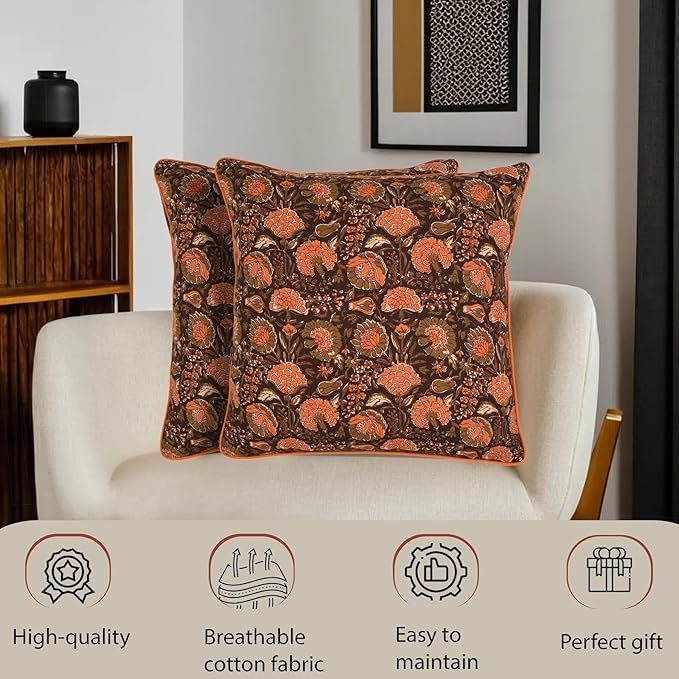 Ridhi Block Print Burgundy Pillow Cover 16" x 16" (Pack of 2) Decorative Couch Pillows for Living Room, Chic Boho Cute Outdoor Pillows Covers Gifts for Spring, Easter and Valentine