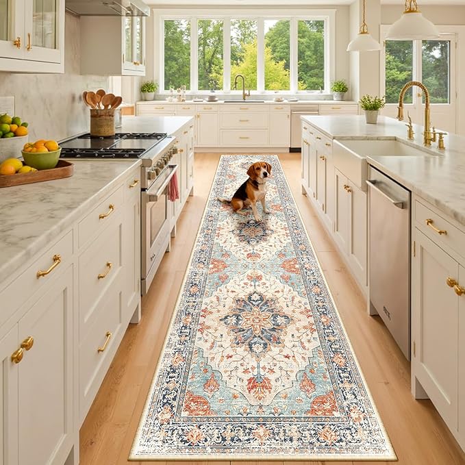 RELEANY Area Rugs 2'x10' Runner Rug Non Slip Washable for Kitchen Hallway Bedroom Beside Laundry Room Bathroom Rug, Floor Carpet, Beige Navy Blue Orange Colorful