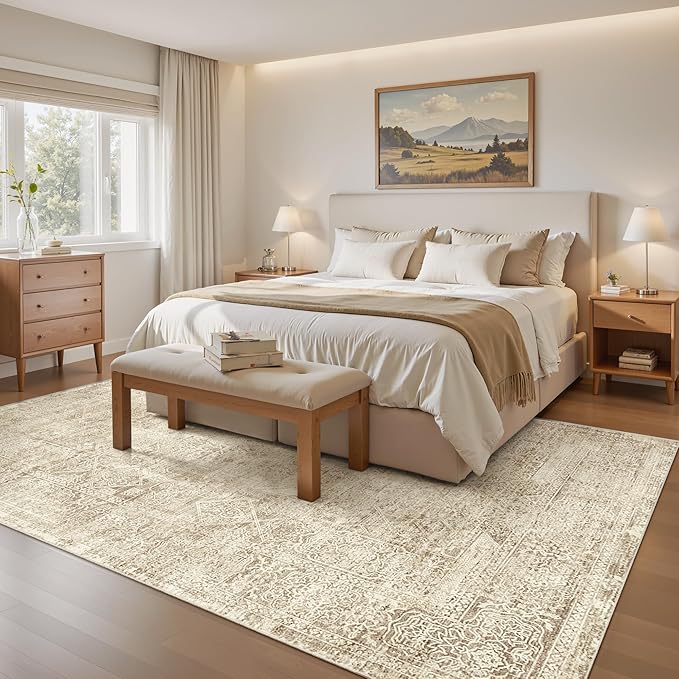 Soalmost 5x7 Area Rugs Brown Low Pile Indoor Washable Trendy Faded Style Floral Rugs for Bedroom Living Room Dining Room Foldable Non-Slip Thin Print Mat