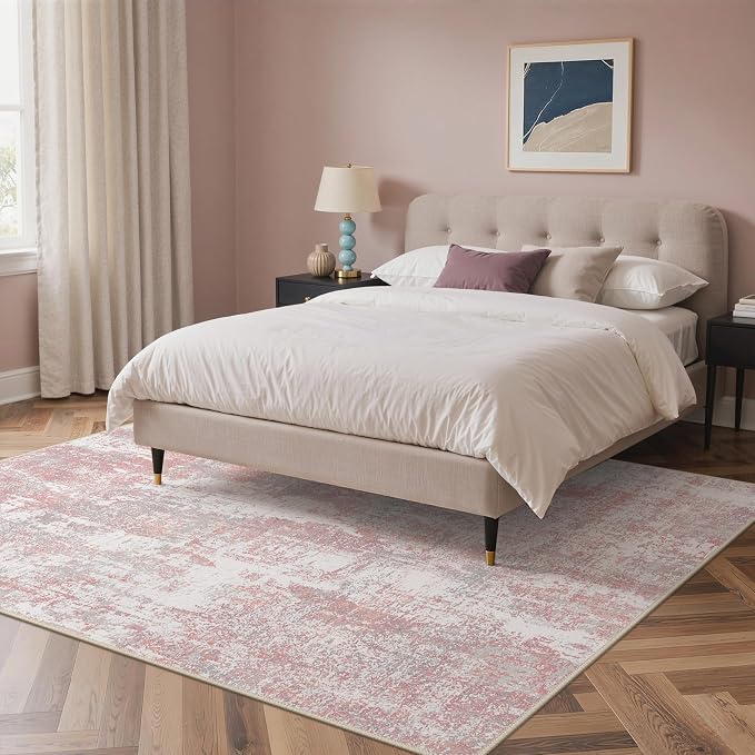 BEIMO Area Rugs 9x12 for Living Room Bedroom, Modern Abstract Machine Washable Rug, Large Soft Low Pile Floor Carpet with Non Slip Backing for Dining Room, Pink/Grey