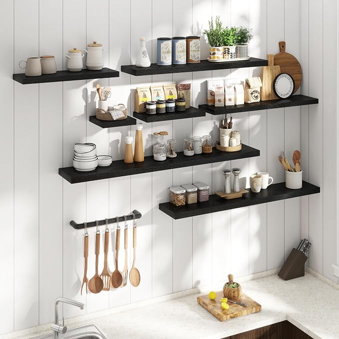 36 Inch Floating Shelves for Wall with Invisible Brackets Set of 2, 8"D Engineered Wood Wall Shelves with Wood Grain for Living Room, Bedroom, Bathroom, Kitchen Decor and Storage, Black Finish