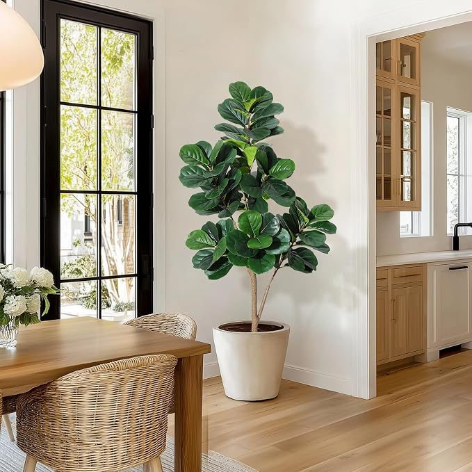 5 ft Fiddle Leaf Fig Tree Artificial with 77 Leaves - Realistic Faux Ficus Lyrata Trees in 7.8 in White Planter Pot, Indoor Fake Floor Plants for Home Office Living Room Decor, Housewarming Gift