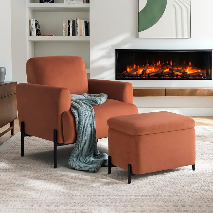 Studio Living® Connor 24" Small Storage Ottoman, Modern Boho, Matte Black Metal Legs, Velvet Fabric, Rust