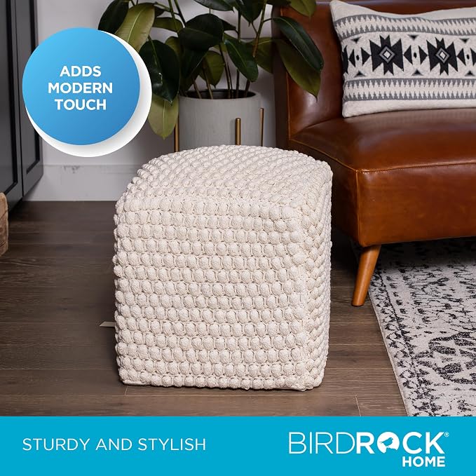 BIRDROCK HOME Square Pouf Ottoman Foot Rest - 18” Compact Comfortable Soft Cotton Knit Bean Bag Floor - Chair Foot Stool Seat for Living Room, Bedroom, or Kids Room (Natural Bud)